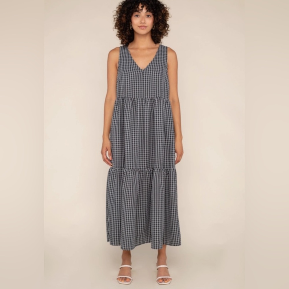 No Less Than Pepper Navy Gingham Tiered Maxi Dress